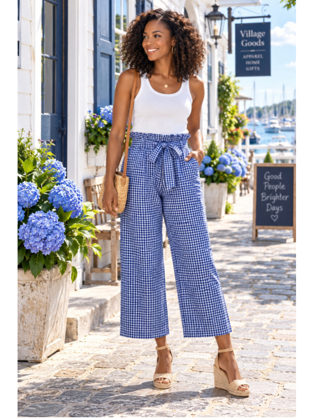 Joie Blue White Gingham Paperbag Waist Wide Leg Crop Pants Coastal Preppy Small